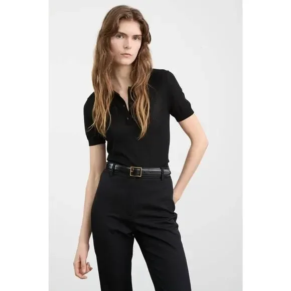 Nili Lotan Jeannelle Merino Wool Cashmere Polo Top in Black M
